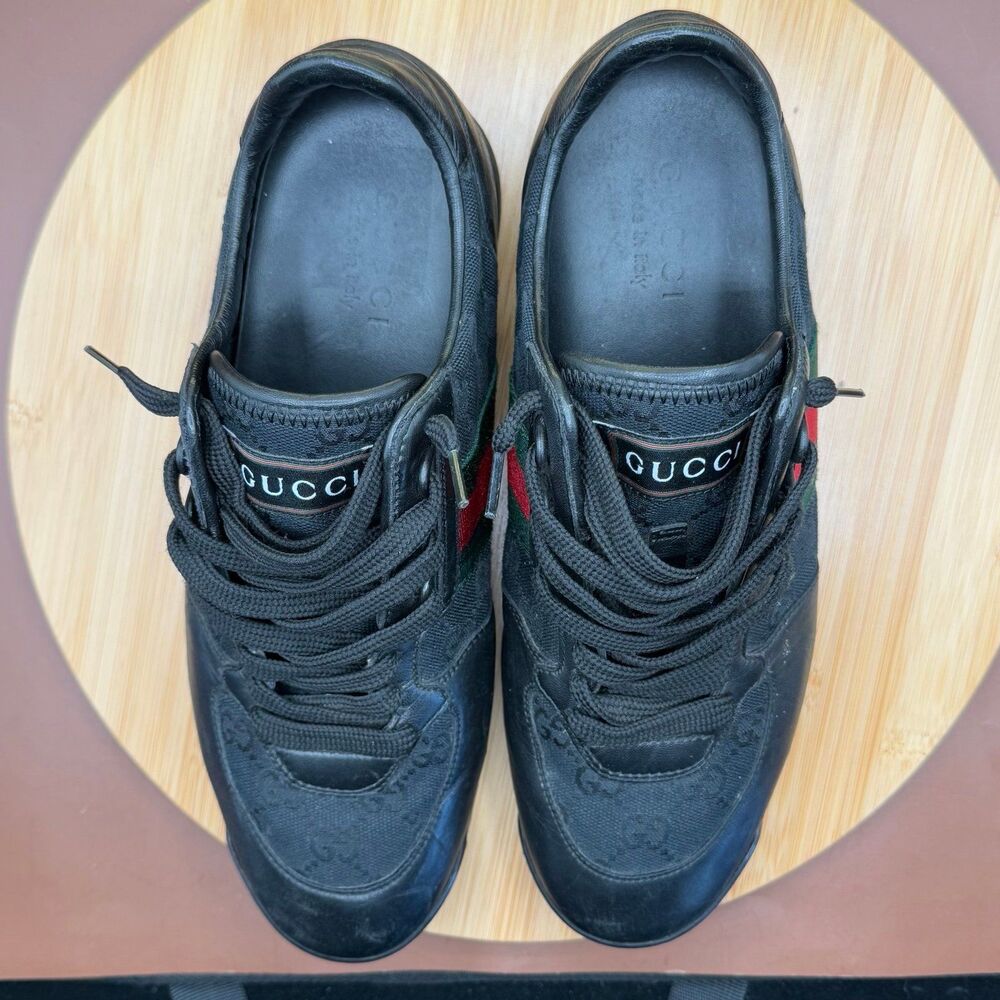 Gucci Guccissima Black Leather and Classic Web Men's Sneakers Sz 7.5 - Picture 5 of 12